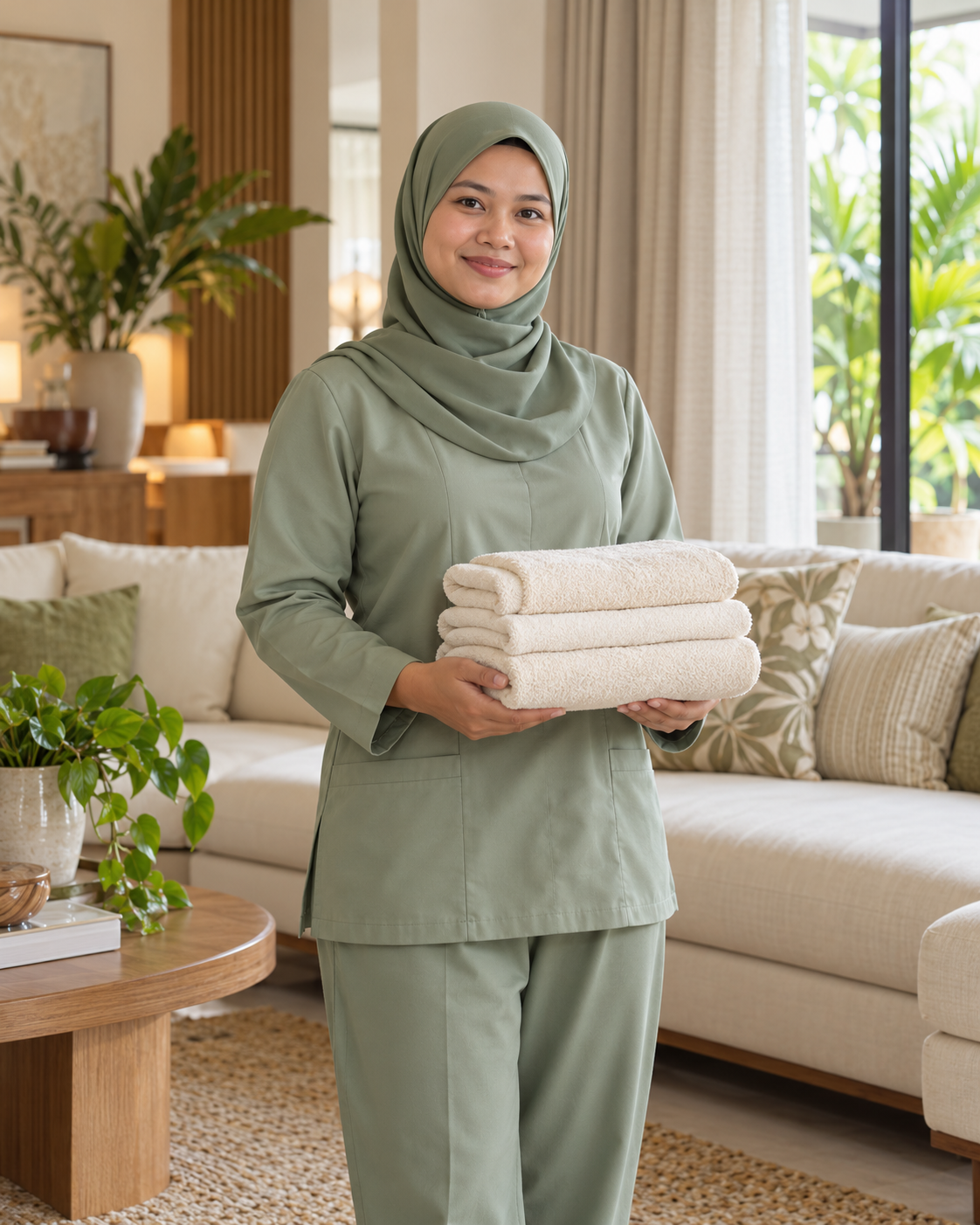 Visual AI pembantu rumah berpakaian sopan dalam rumah yang terang